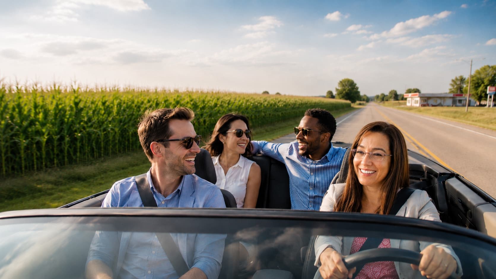 Four colleagues in a convertible, laughing together on a Wisconsin highway past a cornfield